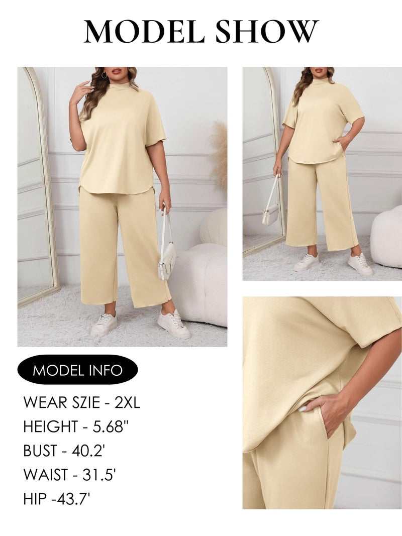 Beautife Women's Plus Size 2 Piece Outfits 3/4 Batwing Sleeve Capelet Crew Neck Pullover Top Wide Leg Pants Lounge Set Apricot - Image 3