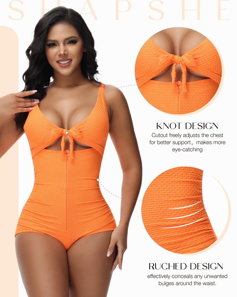 SHAPSHE Women's Sexy Cutout Tummy Control One Piece Swimsuit V Neck Bathing Suits Adjustable Straps Ruched Swimwear Orange - Image 5