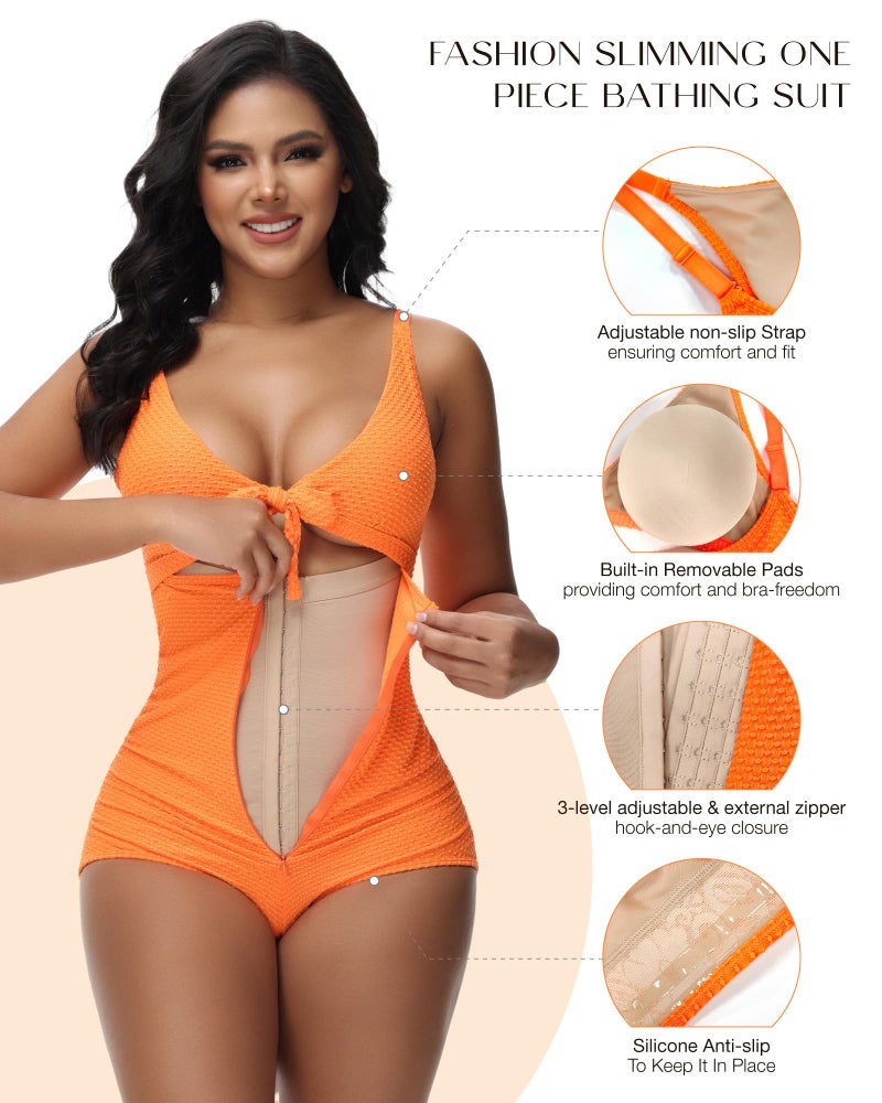 SHAPSHE Women's Sexy Cutout Tummy Control One Piece Swimsuit V Neck Bathing Suits Adjustable Straps Ruched Swimwear Orange - Image 3