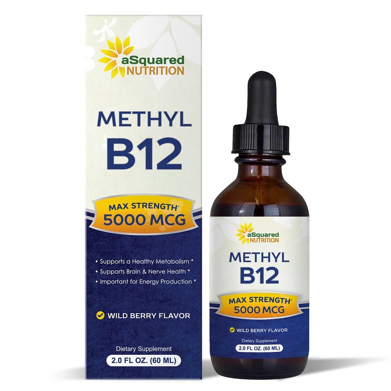 aSquared Nutrition Vitamin B12 Sublingual Liquid Drops 5000 MCG Supplement with Methylcobalamin Methyl B12 Max Absorption B 12 to Increase Energy Vegan Friendly 2 fl oz