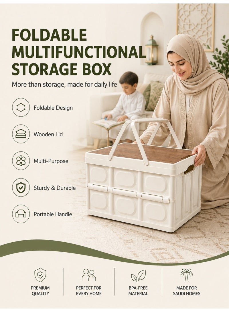 ALongDeng 35L Foldable Storage Box with Wooden Lid, Portable Storage Container with Handles, Collapsible Organizer Box for Camping Supplies, Home Storage, Car Trunk Organizer, Picnic, Outdoor and Household Organization - Image 2
