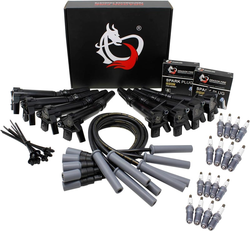 AIP Electronics DRAGON FIRE PERFORMANCE Ignition Coils with IRIDIUM Spark Plugs and 10mm Spark Plug Wires for 2010-2017 Ford F-150 SVT Raptor, F-250, F-350 6.2L V8 - Image 1