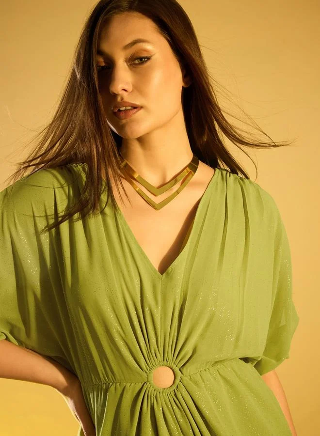 Kassually Kassually Knitted V-Neck Batwing Sleeves Gathered Detailed Jumpsuit