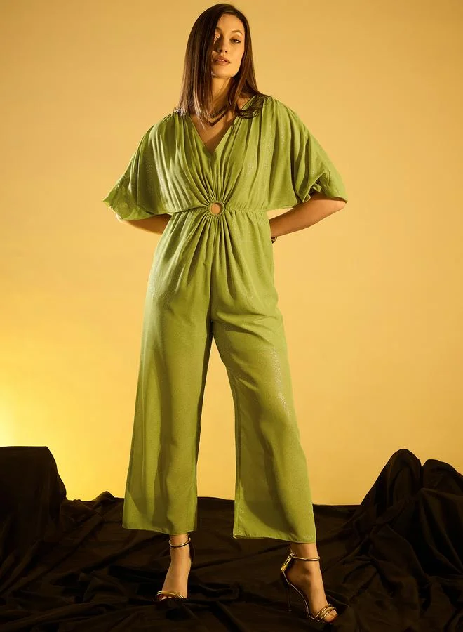 Kassually Kassually Knitted V-Neck Batwing Sleeves Gathered Detailed Jumpsuit