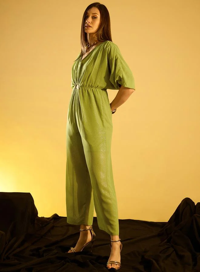 Kassually Kassually Knitted V-Neck Batwing Sleeves Gathered Detailed Jumpsuit