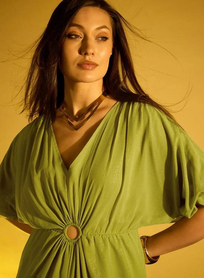 Kassually Kassually Knitted V-Neck Batwing Sleeves Gathered Detailed Jumpsuit