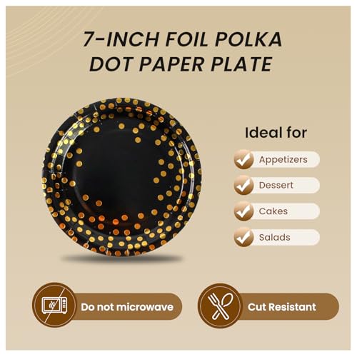 PUEVENYI 75PCS Paper Plates and Napkins Set - Black and Gold Dot Disposable Party Dinnerware Includes Paper Plates, Napkins, Forks Decorations for 2025 Graduations, Birthdays and Weddings, Serves 25 - Image 3