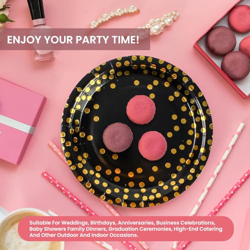 PUEVENYI 75PCS Paper Plates and Napkins Set - Black and Gold Dot Disposable Party Dinnerware Includes Paper Plates, Napkins, Forks Decorations for 2025 Graduations, Birthdays and Weddings, Serves 25 - Image 5