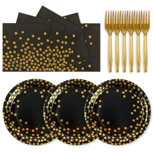 PUEVENYI 75PCS Paper Plates and Napkins Set - Black and Gold Dot Disposable Party Dinnerware Includes Paper Plates, Napkins, Forks Decorations for 2025 Graduations, Birthdays and Weddings, Serves 25 - Image 1