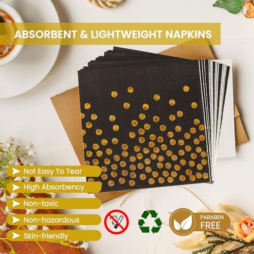 PUEVENYI 75PCS Paper Plates and Napkins Set - Black and Gold Dot Disposable Party Dinnerware Includes Paper Plates, Napkins, Forks Decorations for 2025 Graduations, Birthdays and Weddings, Serves 25 - Image 4