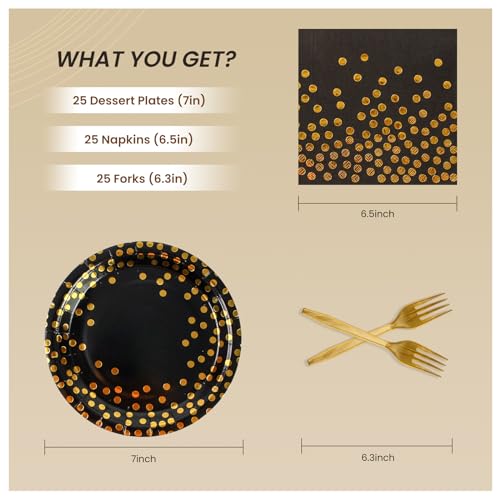 PUEVENYI 75PCS Paper Plates and Napkins Set - Black and Gold Dot Disposable Party Dinnerware Includes Paper Plates, Napkins, Forks Decorations for 2025 Graduations, Birthdays and Weddings, Serves 25 - Image 2