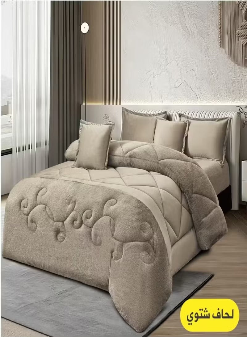 مينج لي مفرش شتوي نفر ونص نظام وجهين (مخمل × فرو) – طقم مفارش 4 قطع يشمل لحاف، شرشف مطاطي، غطاء وسادة وغطاء مخدة، يناسب سرير مقاس 140×200 سم - Image 1
