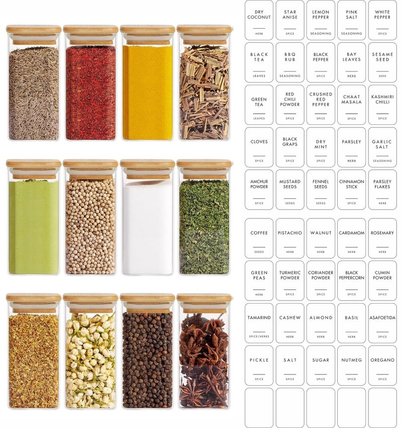 VILON 330ML 12oz 12-Piece Glass Spice Jars Set with Bamboo Lids & White Vinyl printed Labels – Square Spice Jars for Kitchen Storage and Organization - Image 1
