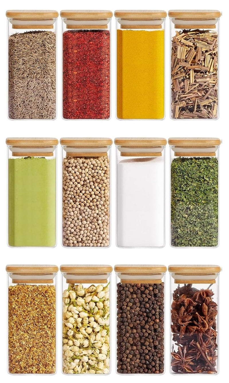 VILON 330ML 12oz 12-Piece Glass Spice Jars Set with Bamboo Lids & White Vinyl printed Labels – Square Spice Jars for Kitchen Storage and Organization - Image 2