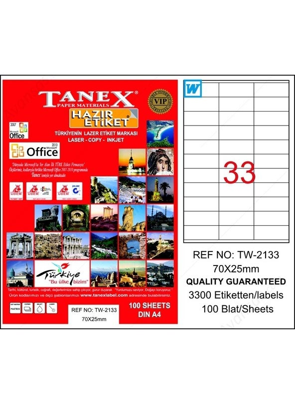 TANEX Tw-2133 70 Mm X 25 Mm 100 Sheets Laser 