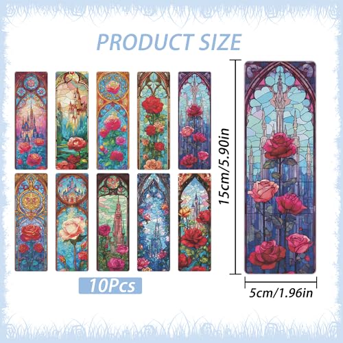 MENIFEND 10 Pcs Stained Glass Rose Castle Bookmarks, Aesthetic Transparent PVC Flower Book Mark Set, Matte Frosted Bookmark Gift for Women Girls Readers and Bookworms (6 x 2 Inch) - Image 3
