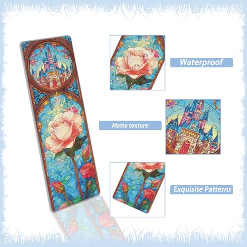 MENIFEND 10 Pcs Stained Glass Rose Castle Bookmarks, Aesthetic Transparent PVC Flower Book Mark Set, Matte Frosted Bookmark Gift for Women Girls Readers and Bookworms (6 x 2 Inch) - Image 4
