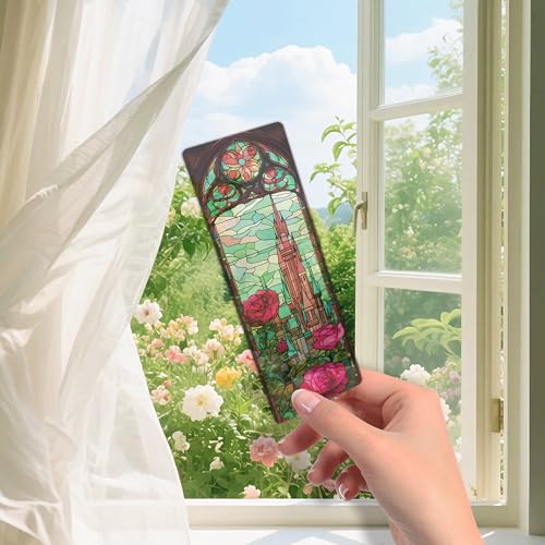 MENIFEND 10 Pcs Stained Glass Rose Castle Bookmarks, Aesthetic Transparent PVC Flower Book Mark Set, Matte Frosted Bookmark Gift for Women Girls Readers and Bookworms (6 x 2 Inch) - Image 2