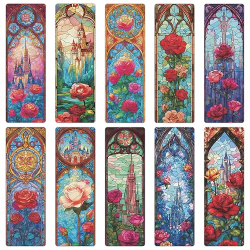 MENIFEND 10 Pcs Stained Glass Rose Castle Bookmarks, Aesthetic Transparent PVC Flower Book Mark Set, Matte Frosted Bookmark Gift for Women Girls Readers and Bookworms (6 x 2 Inch) - Image 1