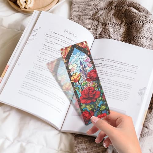 MENIFEND 10 Pcs Stained Glass Rose Castle Bookmarks, Aesthetic Transparent PVC Flower Book Mark Set, Matte Frosted Bookmark Gift for Women Girls Readers and Bookworms (6 x 2 Inch) - Image 5