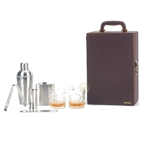 Abrazo Faux Leather 8 Pcs Portable Bar Set | Bartender Kit | Bar Accessories | Mini BarSet for Car & Travel | Brown with 3 Whiskey Glasses | Gift | Cocktail Shaker - Image 2