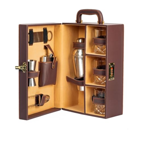 Abrazo Faux Leather 8 Pcs Portable Bar Set | Bartender Kit | Bar Accessories | Mini BarSet for Car & Travel | Brown with 3 Whiskey Glasses | Gift | Cocktail Shaker - Image 1