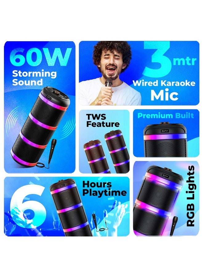 بي ترون مكبر صوت pTron Fusion Theatre V2 60W Karaoke Bluetooth Party مع صوت ستيريو قوي، وأضواء RGB إيقاعية، وميكروفون سلكي Karaoke بطول 3 أمتار، و5 موازنات صوت، وتشغيل BT/USB/SD، وشحن من النوع C (أسود ملكي) - Image 2