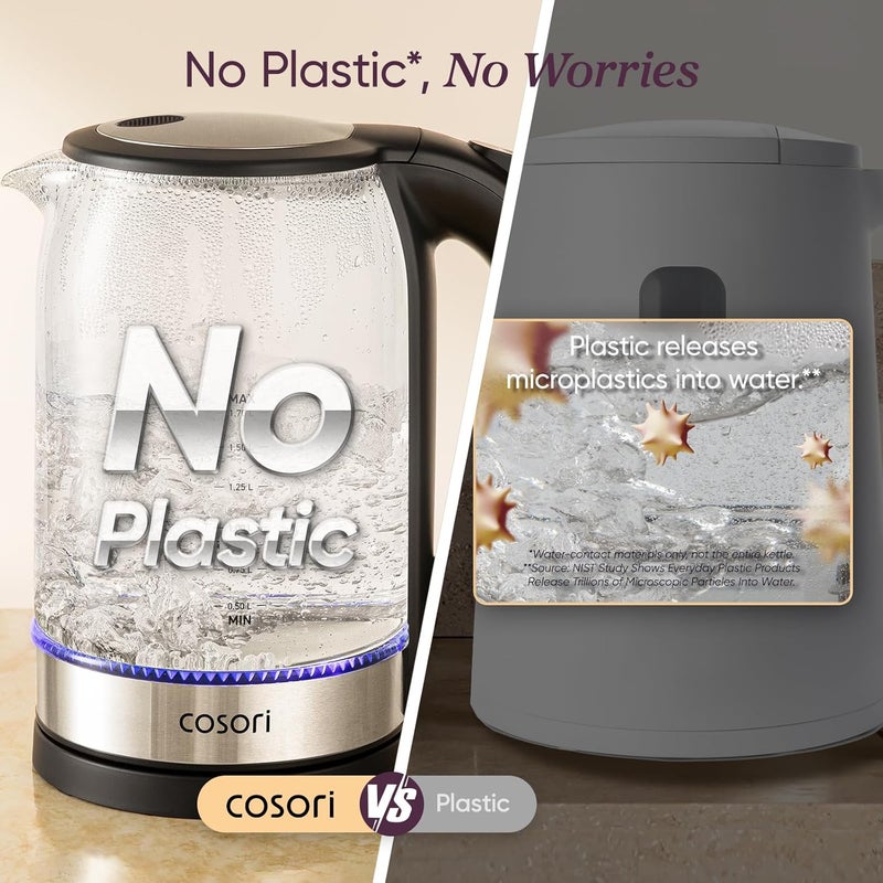 Cosori Electric Kettle 1.7L, No Plastic Contact With Water, Wide Mouth For Easy Cleaning, Auto Shut Off, Tea Kettle & Hot Water Boiler, Water Heater & Teapot, Borosilicate Glass, Black, 2200W G173 - Image 4