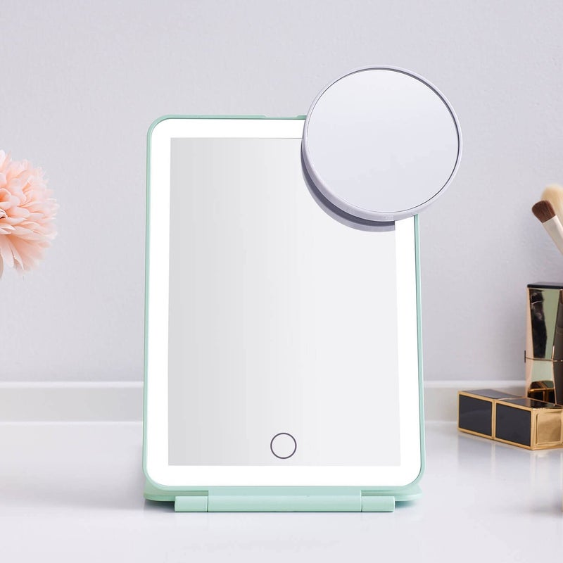 موكادو LED قابلة للطي مرآة مكياج سفر - 5 × 7 بوصات 3 أوضاع الضوء أوضاع USB شاشة اللمس القابلة لإعادة الشحن مرآة مستحضرات التجميل المحمولة لمكتب مستحضرات التجميل (الأخضر) - Image 2