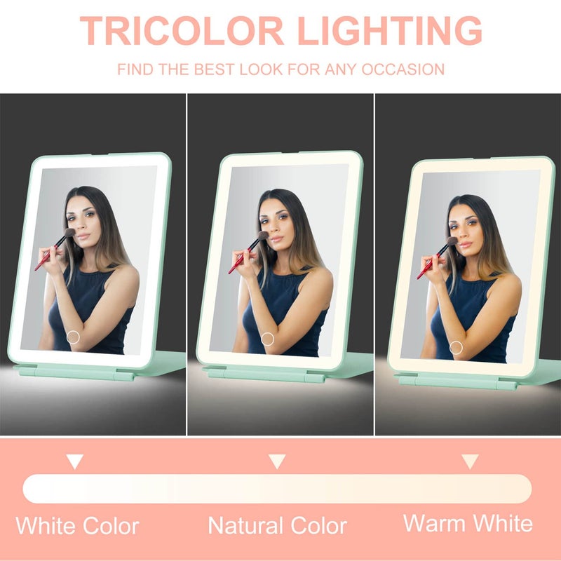 موكادو LED قابلة للطي مرآة مكياج سفر - 5 × 7 بوصات 3 أوضاع الضوء أوضاع USB شاشة اللمس القابلة لإعادة الشحن مرآة مستحضرات التجميل المحمولة لمكتب مستحضرات التجميل (الأخضر) - Image 3