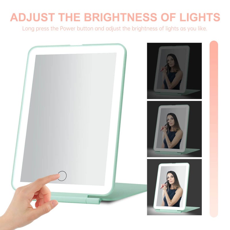 موكادو LED قابلة للطي مرآة مكياج سفر - 5 × 7 بوصات 3 أوضاع الضوء أوضاع USB شاشة اللمس القابلة لإعادة الشحن مرآة مستحضرات التجميل المحمولة لمكتب مستحضرات التجميل (الأخضر) - Image 4
