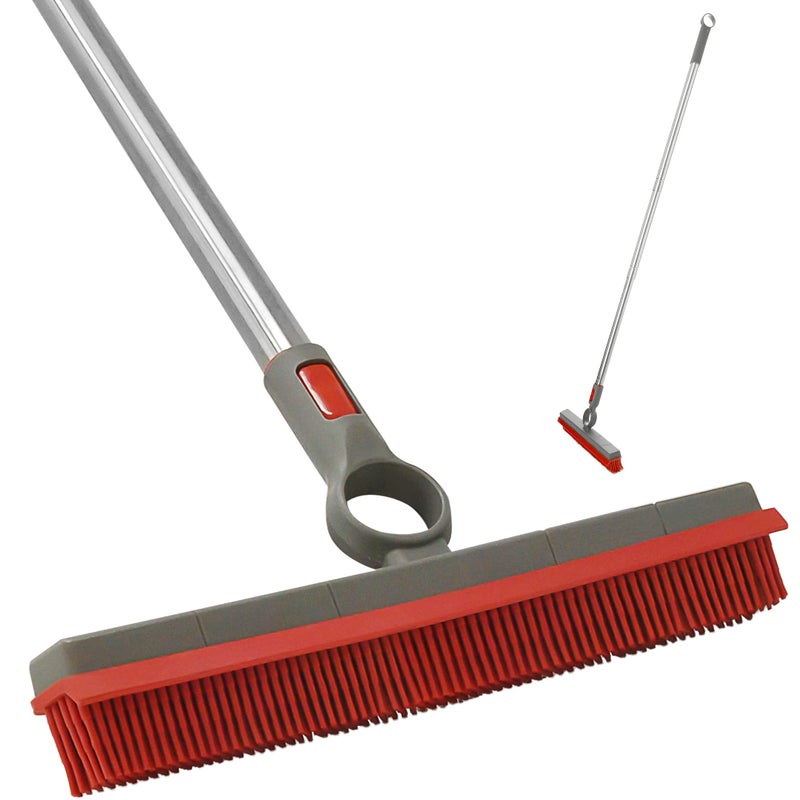 FAYINA Premium Rubber Floor Brush with 115Inch Squeegee  Stainless Steel Handle  for Carpets  All Surfaces  Pet Hair Fur Remover Broom  Extendable up to 56 Inches