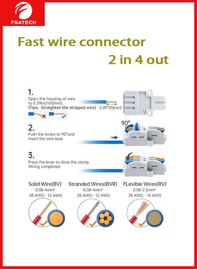 FSATECH 10 PCS Pluggable wire solderless connector splitter wiring quick terminal 2 in 4 out monochrome - Image 2