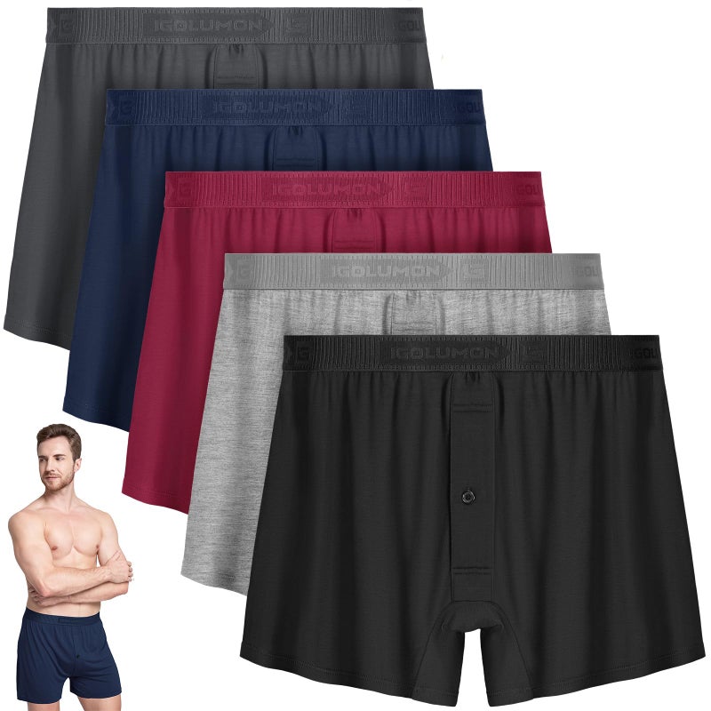 IGOLUMON Mens Underwear Boxer Shorts 5 Pack Comfortable Bamboo Rayon Boxers for Men Classic Relaxed Fit Stretch Shorts Moisture Wicking Breathable Men's Boxer Shorts with Button Fly - Image 1