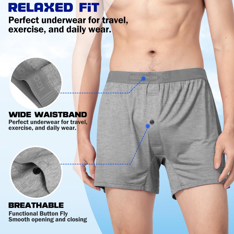 IGOLUMON Mens Underwear Boxer Shorts 5 Pack Comfortable Bamboo Rayon Boxers for Men Classic Relaxed Fit Stretch Shorts Moisture Wicking Breathable Men's Boxer Shorts with Button Fly - Image 4