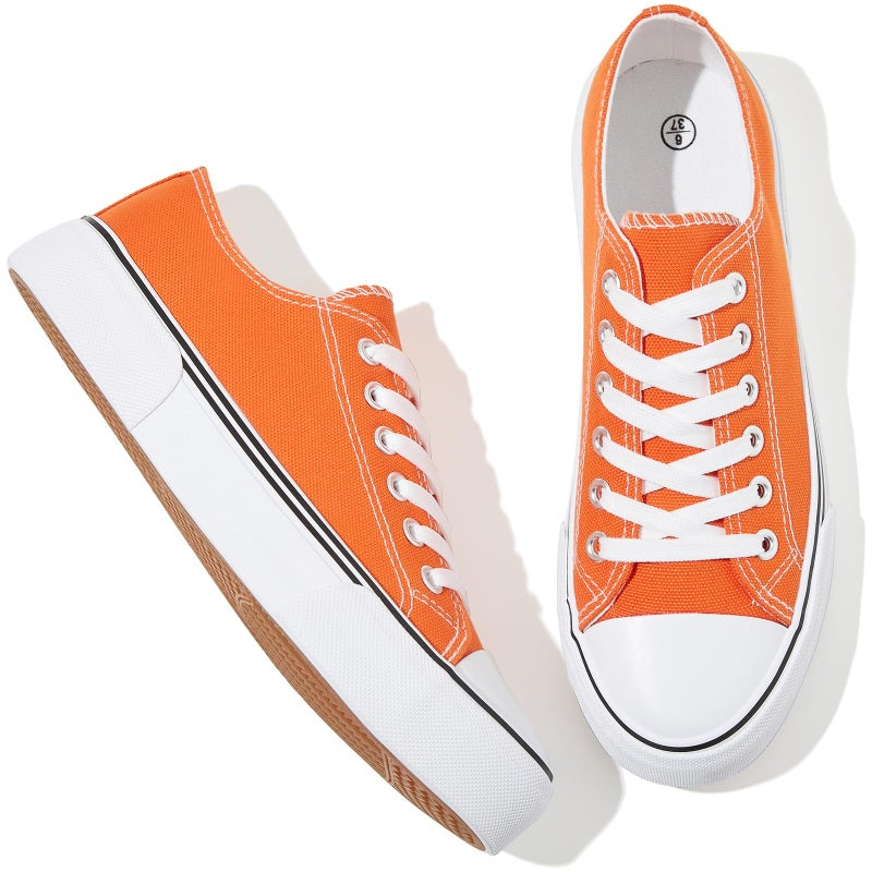 Adokoo Canvas Tennis Shoes for Women Low Top Casual White Black Sneakers for Women Lace Up Fashion Comfortable Walking Shoes (Orange,8) - Image 1