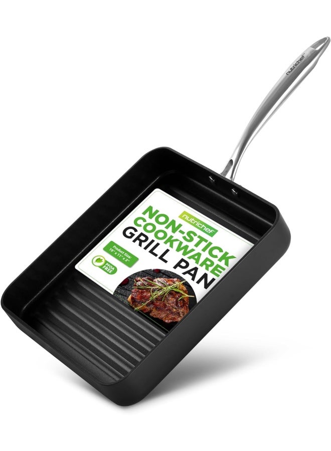 Nutrichef 11" Square Grill Pan Non Stick - High Ridges, Hard-Anodized, Stove Top Griddle, Strong Handles, Dishwasher Safe - Image 1