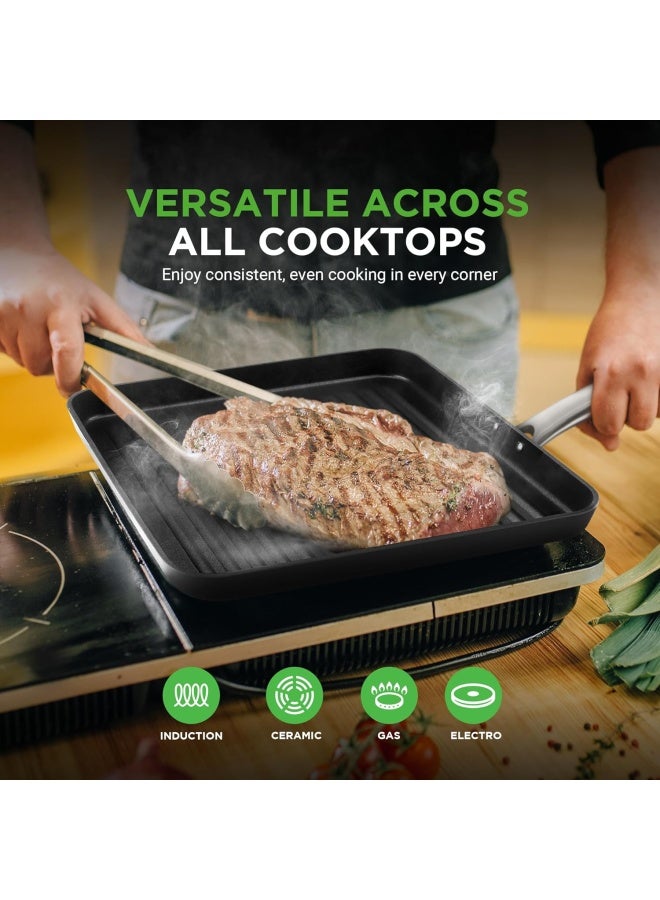 Nutrichef 11" Square Grill Pan Non Stick - High Ridges, Hard-Anodized, Stove Top Griddle, Strong Handles, Dishwasher Safe - Image 5