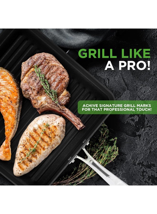 Nutrichef 11" Square Grill Pan Non Stick - High Ridges, Hard-Anodized, Stove Top Griddle, Strong Handles, Dishwasher Safe - Image 3