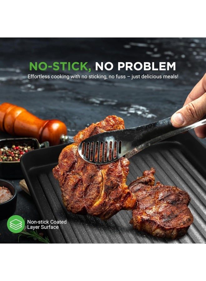 Nutrichef 11" Square Grill Pan Non Stick - High Ridges, Hard-Anodized, Stove Top Griddle, Strong Handles, Dishwasher Safe - Image 2