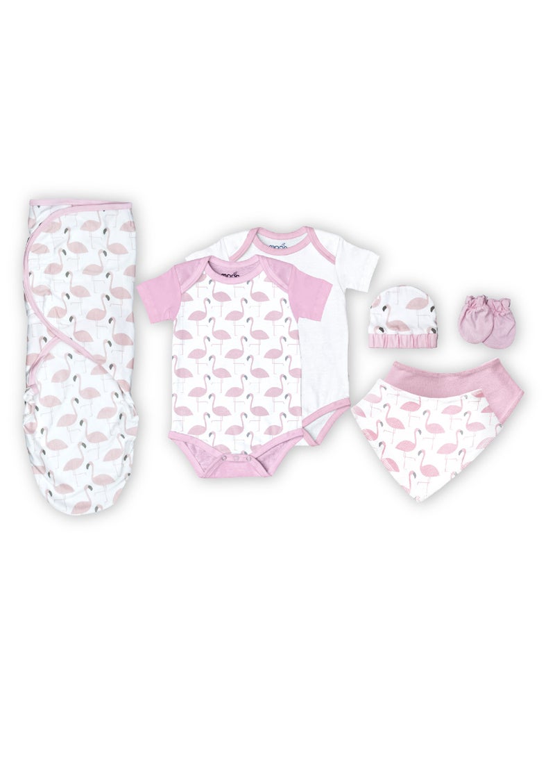 Moon Organic Baby Gift Set Of 7 Rompers-Swaddle-Bibs-Hat-Mitten Set For 3-6 Months Pink - Image 1