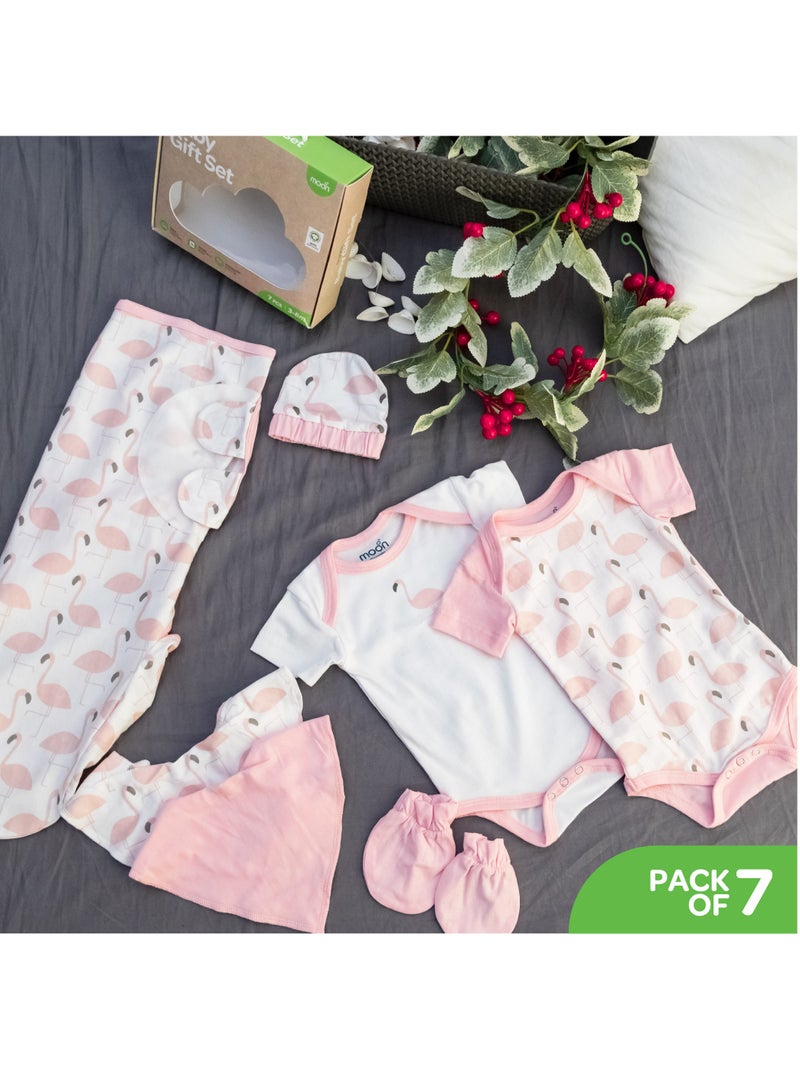 Moon Organic Baby Gift Set Of 7 Rompers-Swaddle-Bibs-Hat-Mitten Set For 3-6 Months Pink - Image 2