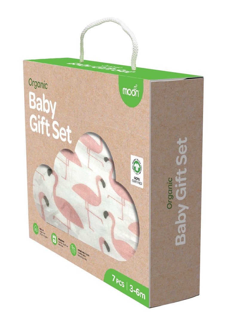 Moon Organic Baby Gift Set Of 7 Rompers-Swaddle-Bibs-Hat-Mitten Set For 3-6 Months Pink - Image 5