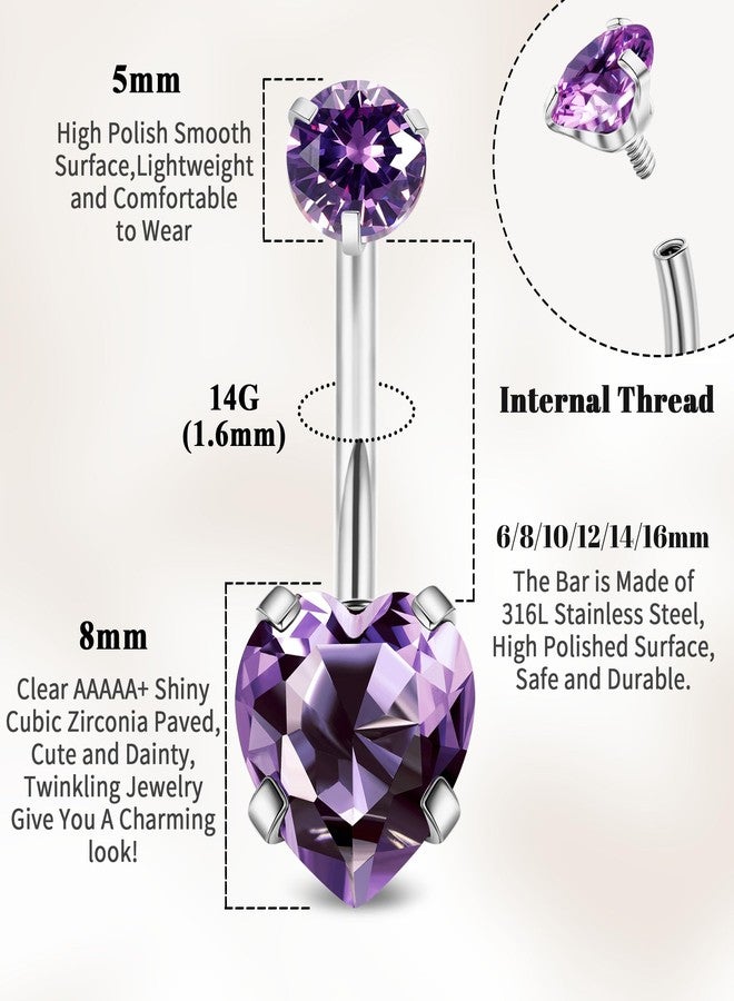 NICEIGHT 14G G23 Titanium Belly Button Rings for Women Hypoallergenic Heart Belly Rings Cubic Zirconia Navel Rings for Sensitive Skin Belly Piercing Jewelry Purple 6MM - Image 4