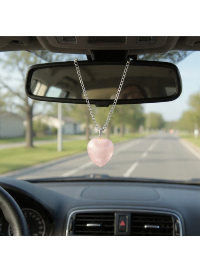 Natural Rose Quartz Heart Car Mirror Hanger, Decorative Pendant with Cord, Rearview Mirror Accessory - Image 3