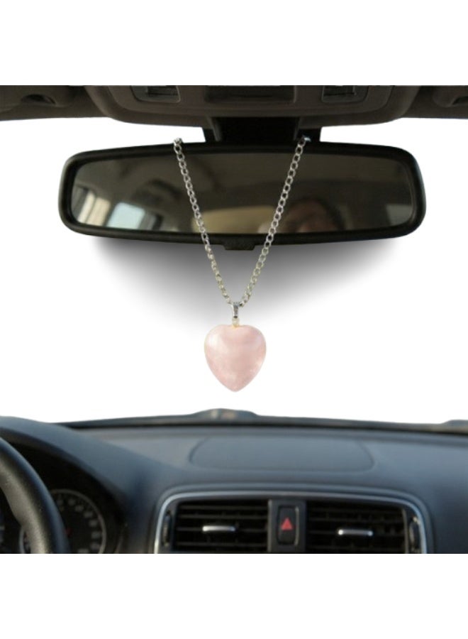 Natural Rose Quartz Heart Car Mirror Hanger, Decorative Pendant with Cord, Rearview Mirror Accessory - Image 1