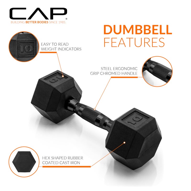 CAP Barbell 10 LB Rubber Coated Hex Dumbbell Hand Weight - Single | Black Handle - Image 3