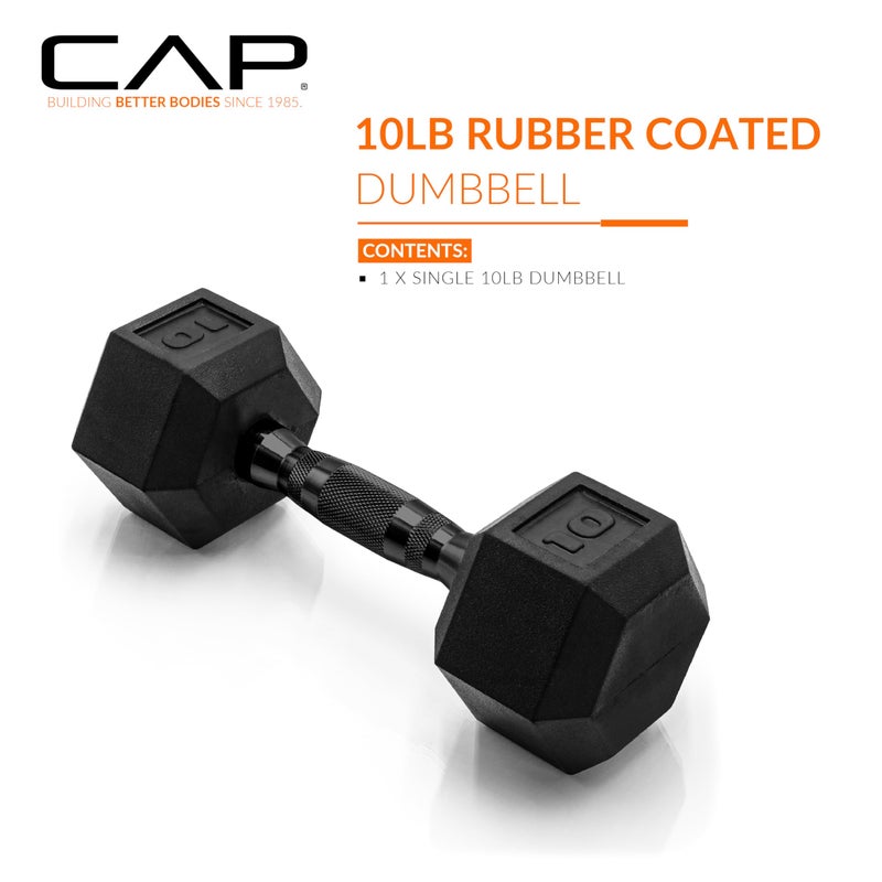 CAP Barbell 10 LB Rubber Coated Hex Dumbbell Hand Weight - Single | Black Handle - Image 2
