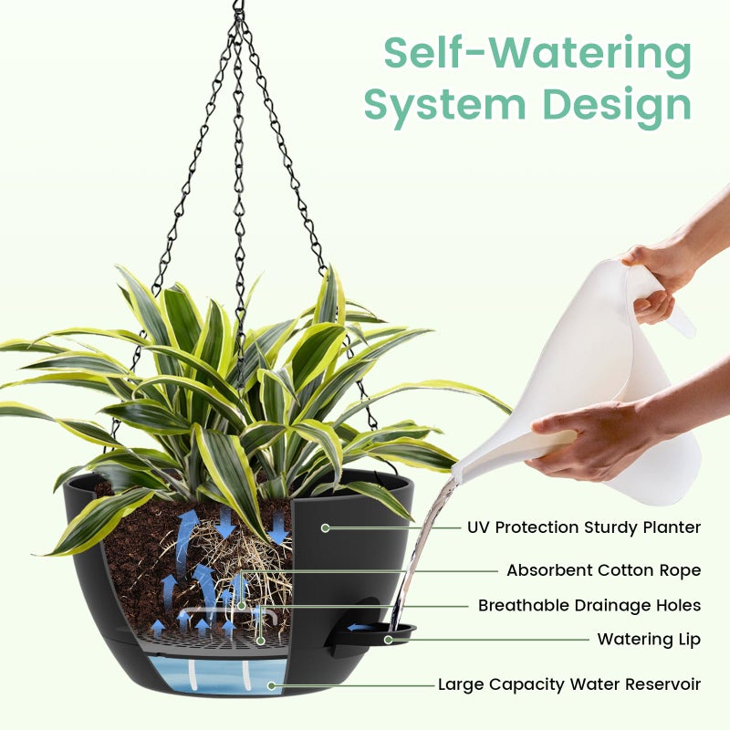 UOUZ Set of 3-10 Inch Self Watering Hanging Planters for Indoor & Outdoorï¼ŒHanging Plant Pots with Drainage & Removable Tray, Hanging Pots Holder for Ivy, Spider Plants, Ferns, Balcony & Patio, Black - Image 4