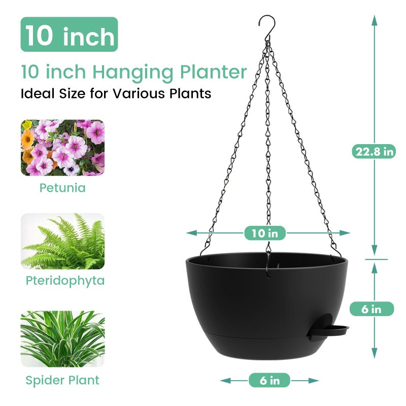 UOUZ Set of 3-10 Inch Self Watering Hanging Planters for Indoor & Outdoorï¼ŒHanging Plant Pots with Drainage & Removable Tray, Hanging Pots Holder for Ivy, Spider Plants, Ferns, Balcony & Patio, Black - Image 3